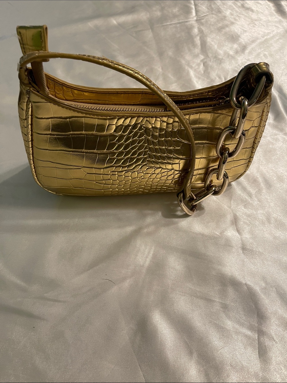 Croc-Embossed Mini Shoulder Bag in Metallic Gold